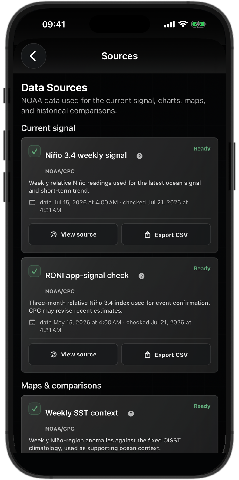 El Niño source list on an iPhone 17 Pro